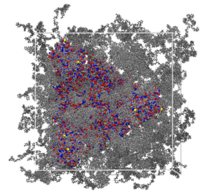 Figure 1: Model of COVID-19 spike protein in a Polyethylene matrix. Protein is displayed in CPK, Polyethylene matrix in wire mode. Present water molecules are not displayed for clarity.